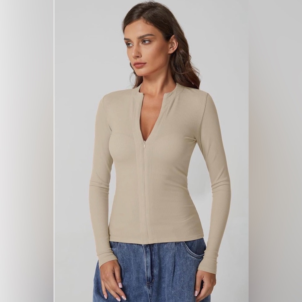 QINSEN Long Sleeve Shirt Half Zipper Ribbed Knit Tee Size Medium